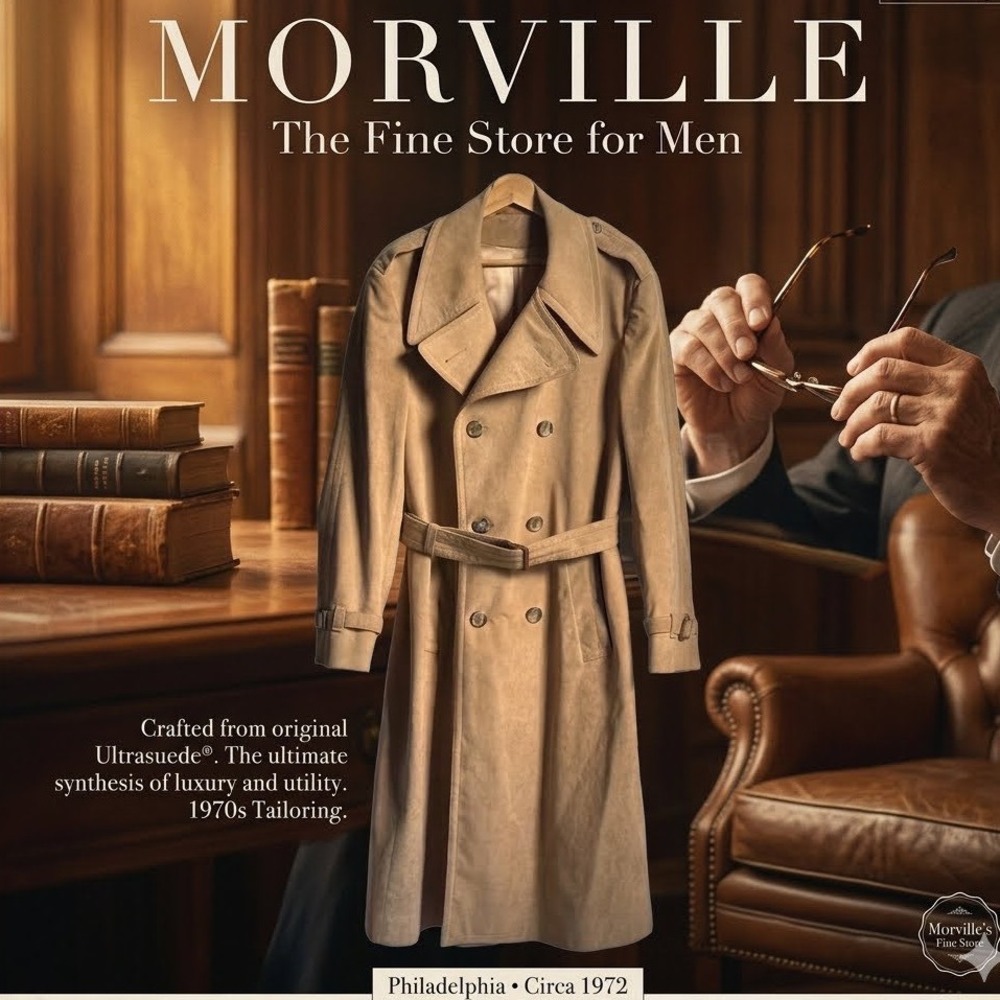 Vintage 70s Morville Philadelphia Mens Ultrasuede Double Breasted Trench Coat 42